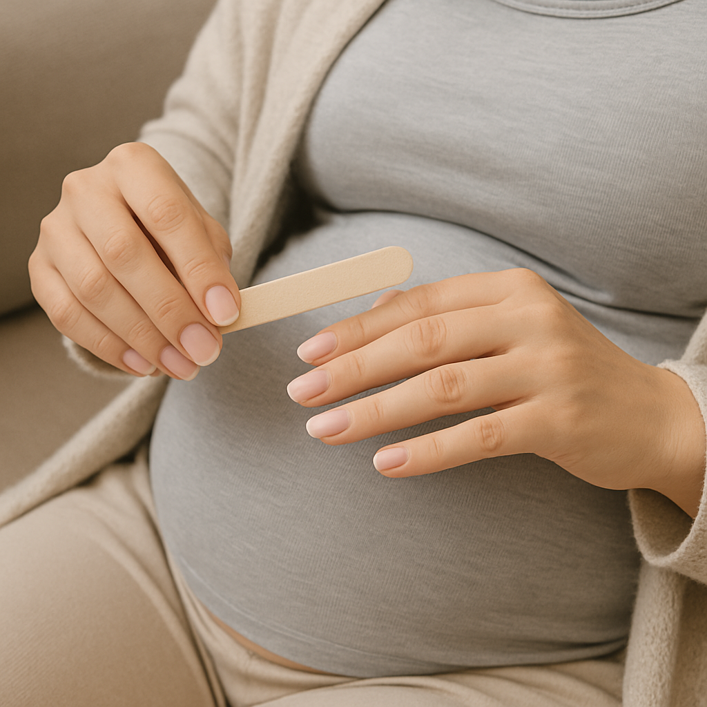 妊婦がネイルケアを行う画像