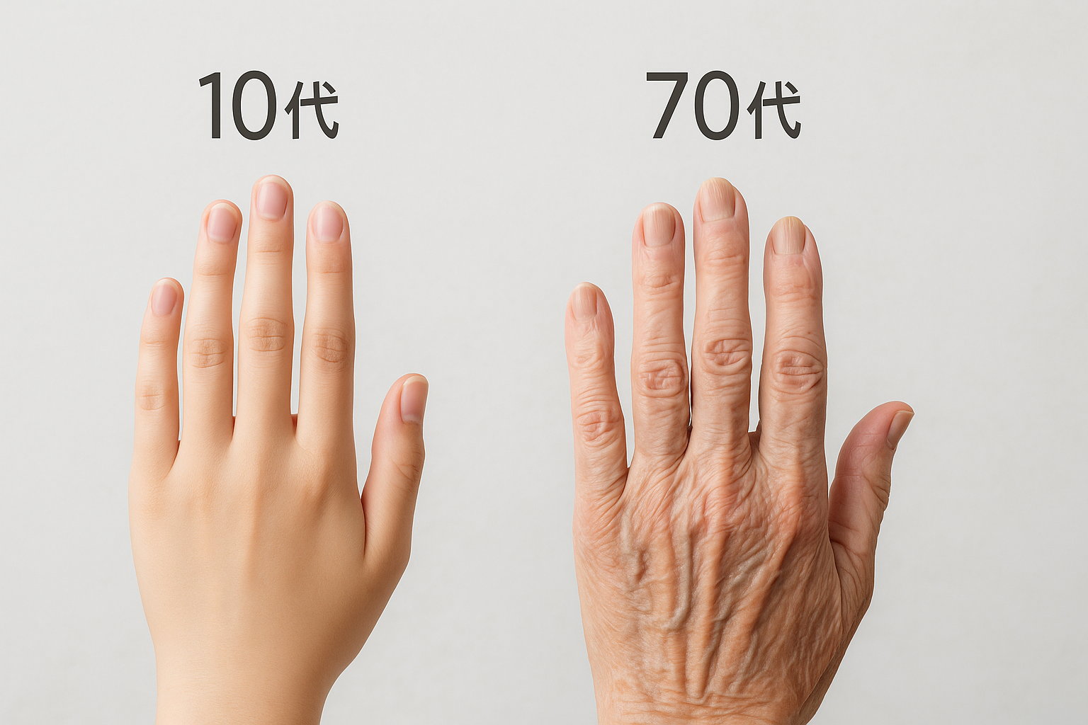 10代と70代の手、爪の比較画像