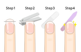 正しい爪切りの方法と道具の使い方を示すイラスト。適切な切る角度、長さの目安、爪やすりの使用法を段階的に解説した実践的な図解