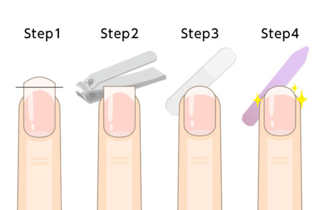 正しい爪切りの方法と道具の使い方を示すイラスト。適切な切る角度、長さの目安、爪やすりの使用法を段階的に解説した実践的な図解