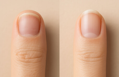 マッサージ開始前と3ヶ月後の爪の変化を示すビフォーアフター写真