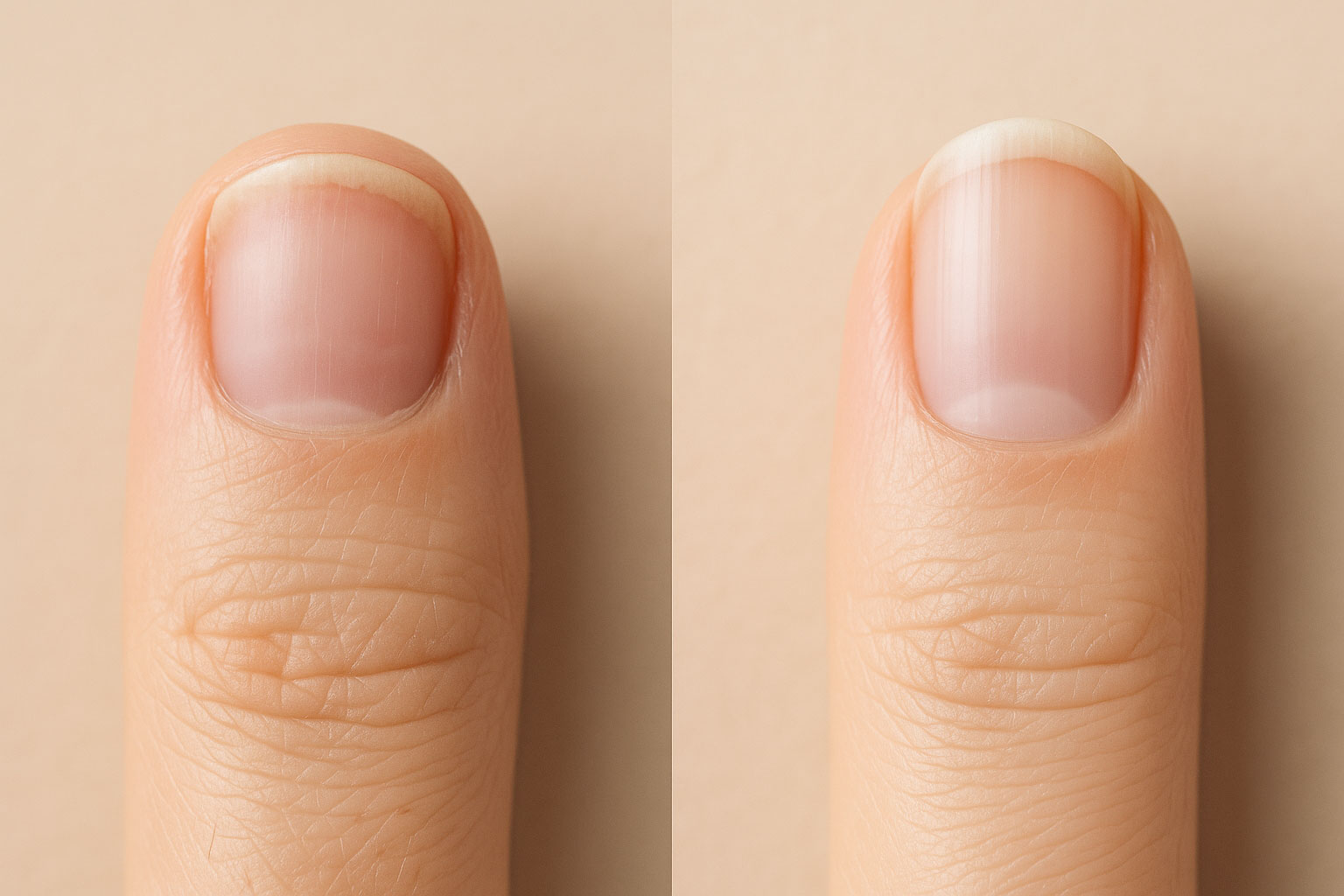 マッサージ開始前と3ヶ月後の爪の変化を示すビフォーアフター写真