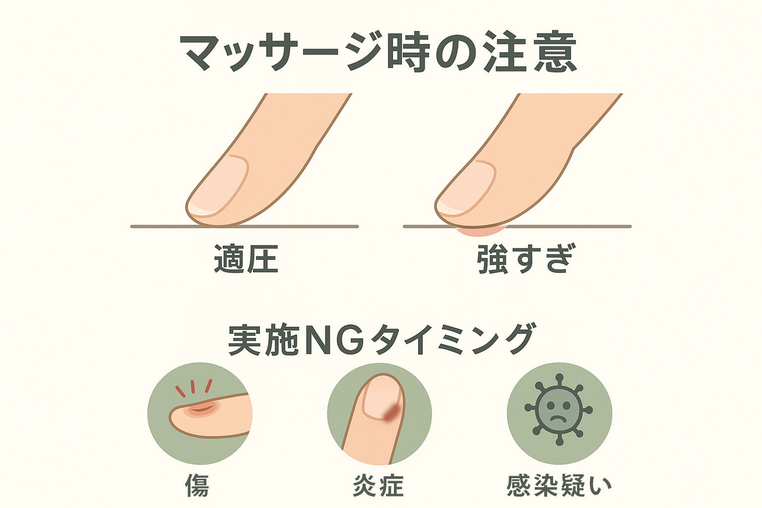 適切な圧力でのマッサージと過度な圧力による問題を比較した説明図
