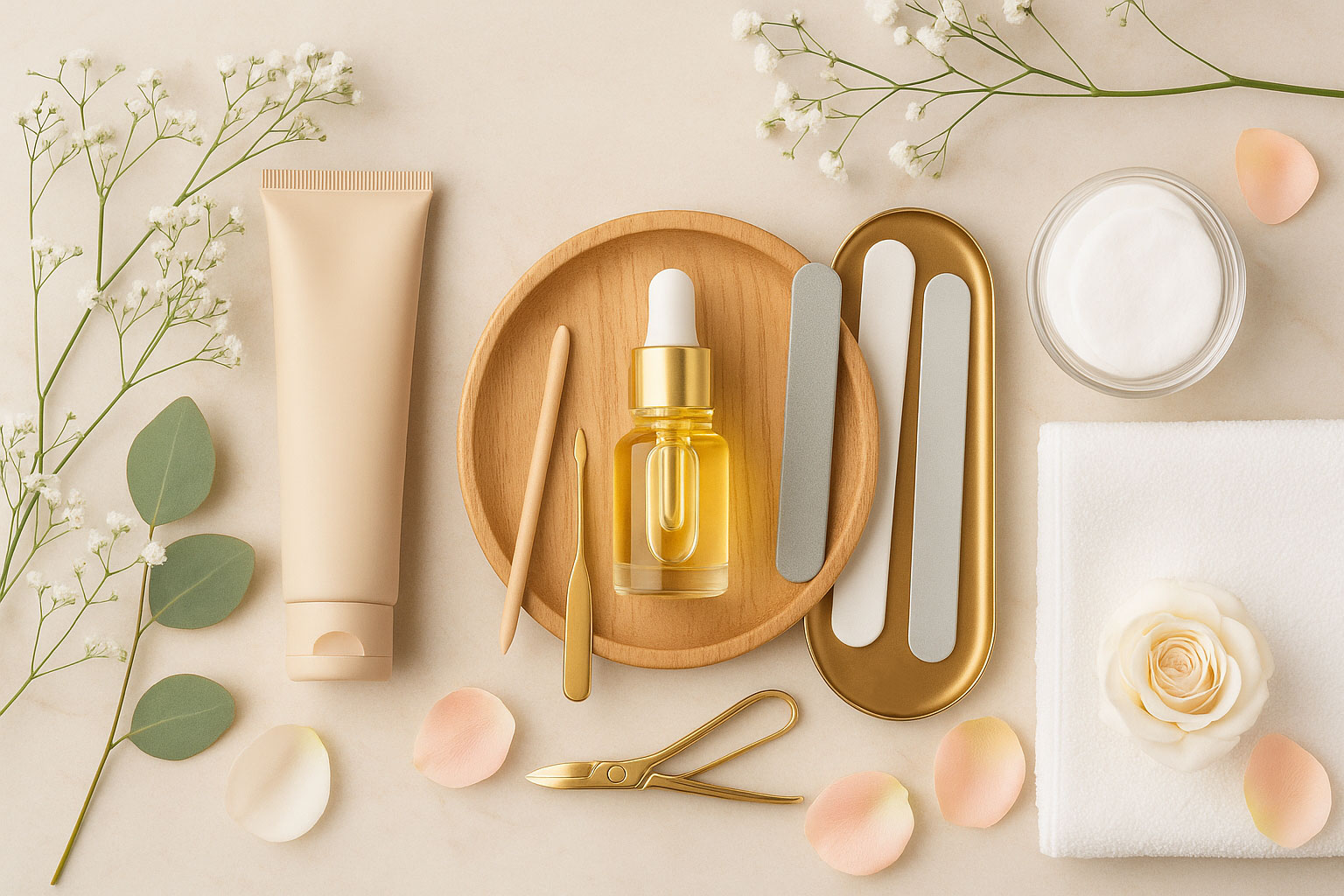 推奨されるハンドクリーム、爪用オイル、爪やすりなどのケア用品が並べられた写真