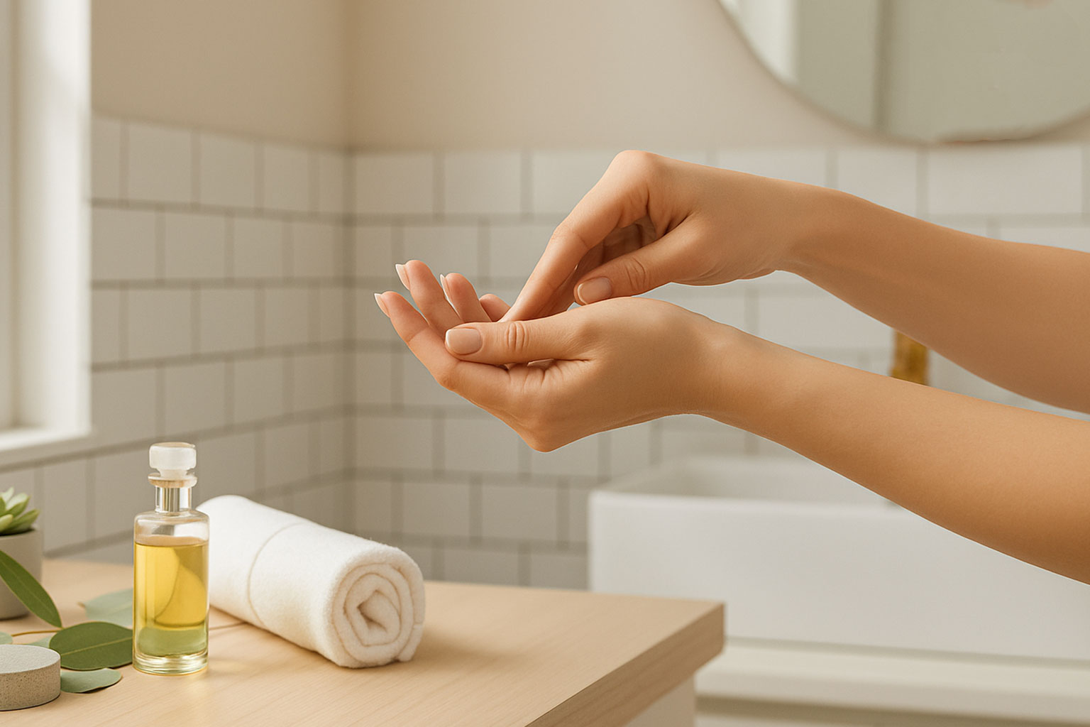 手指に優しくマッサージを施している様子。
清潔な手で爪周囲を丁寧にケアしている女性の手元