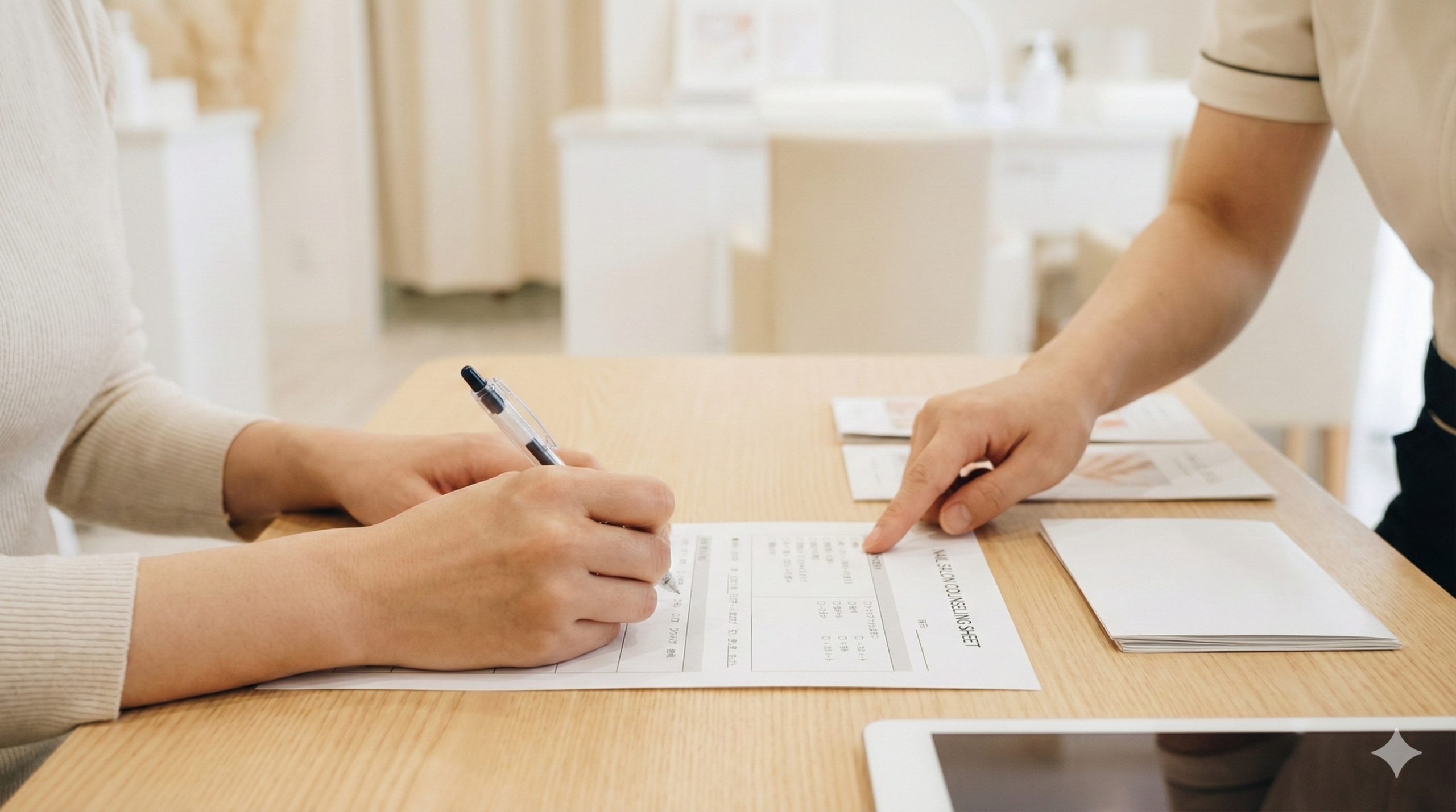 カウンセリングシートに記入している手元と、専門スタッフが説明している様子