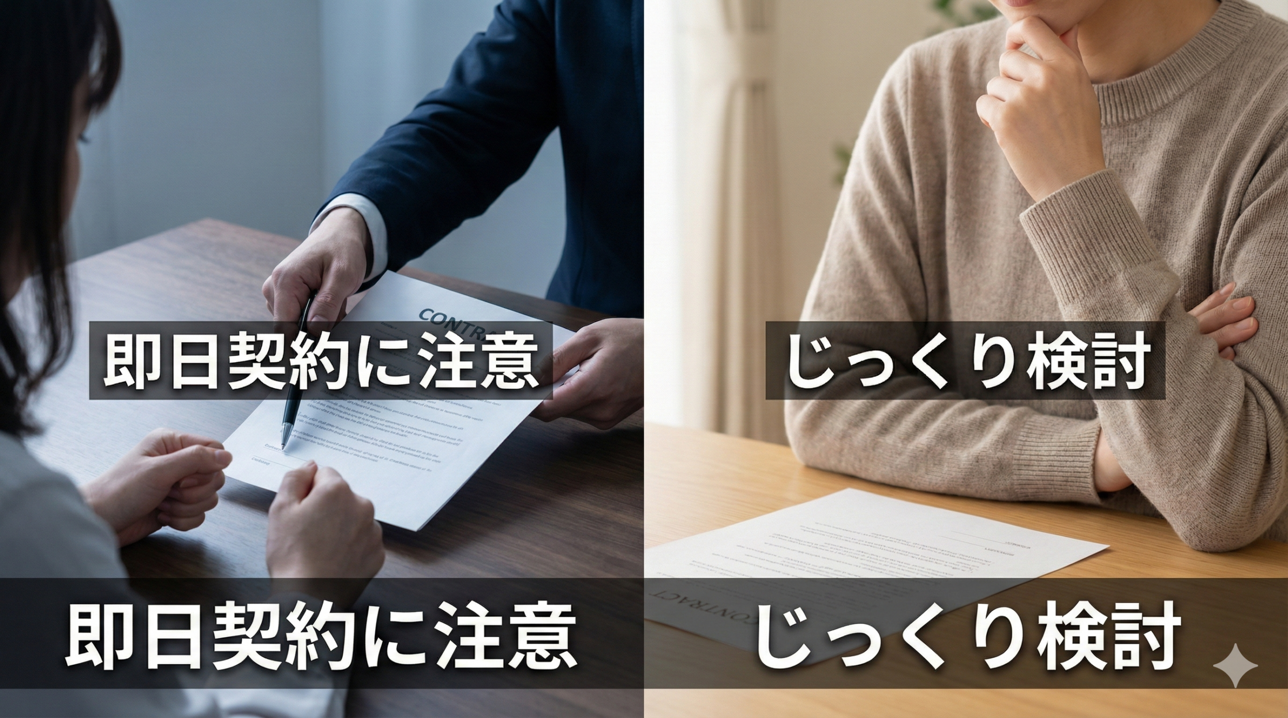 契約書を急かされている様子と、慎重に検討している女性の対比画像