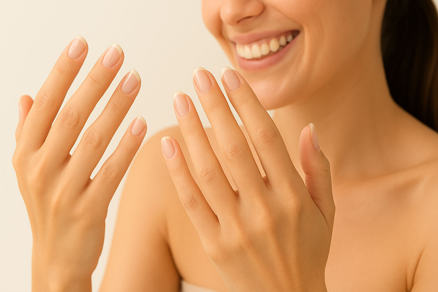 手入れの行き届いた美しい爪と手元、自信と希望を表現する明るい光に包まれた様子