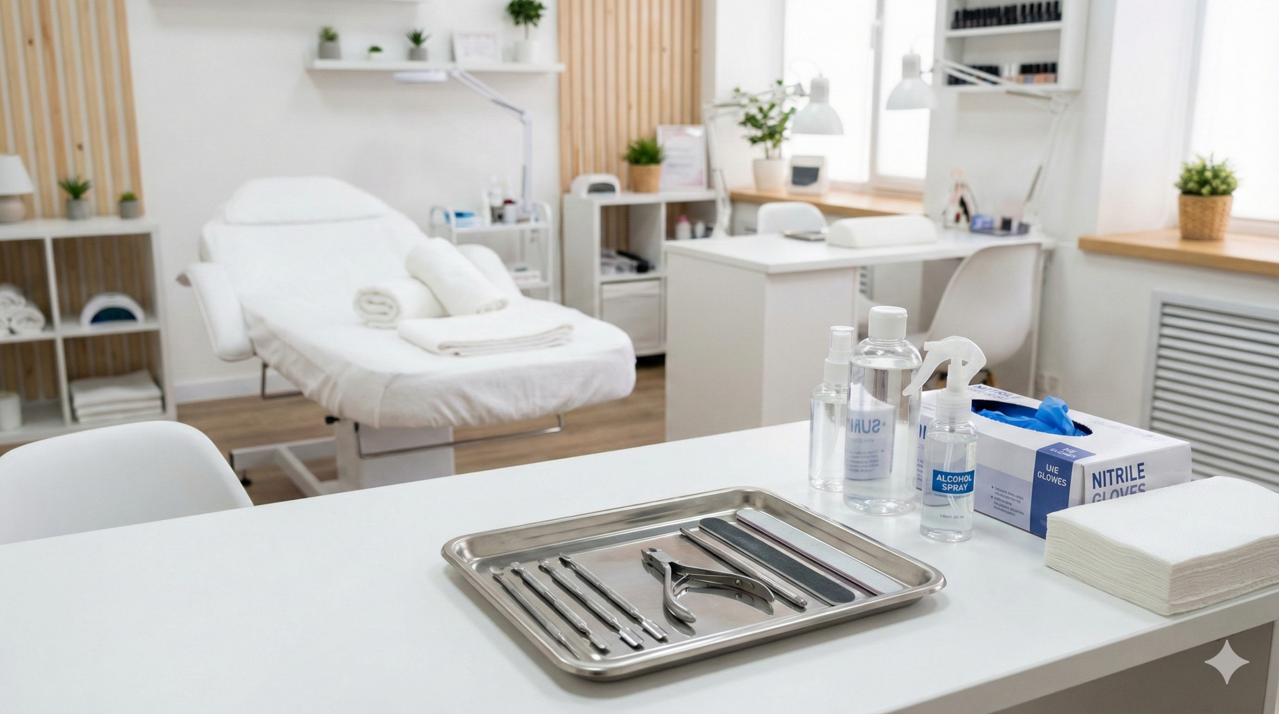 清潔な施術室と消毒された器具、衛生管理が徹底されたサロンの様子