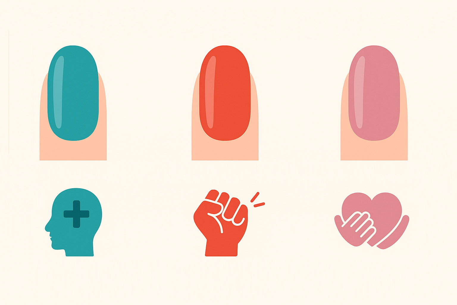 ブルー、レッド、ピンクなど様々なネイルカラーと、それぞれの色が心に与える効果を表現したイメージ