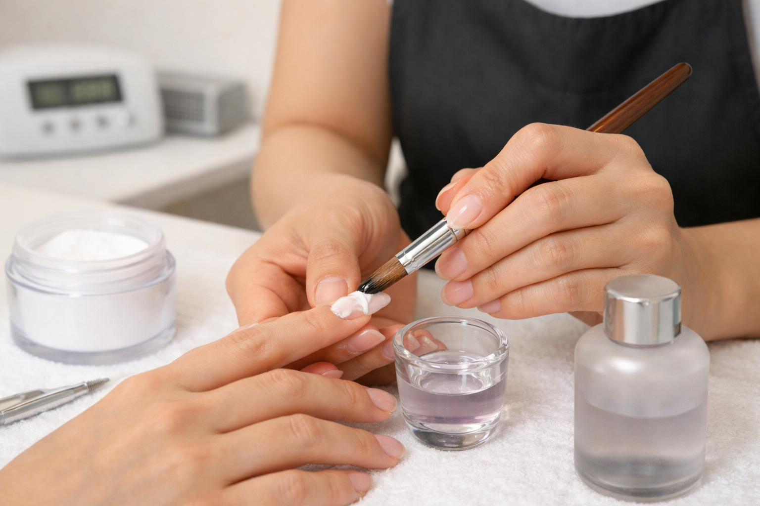 アクリルスカルプチュア施術の工程写真、パウダーとリキッドの混合から硬化まで