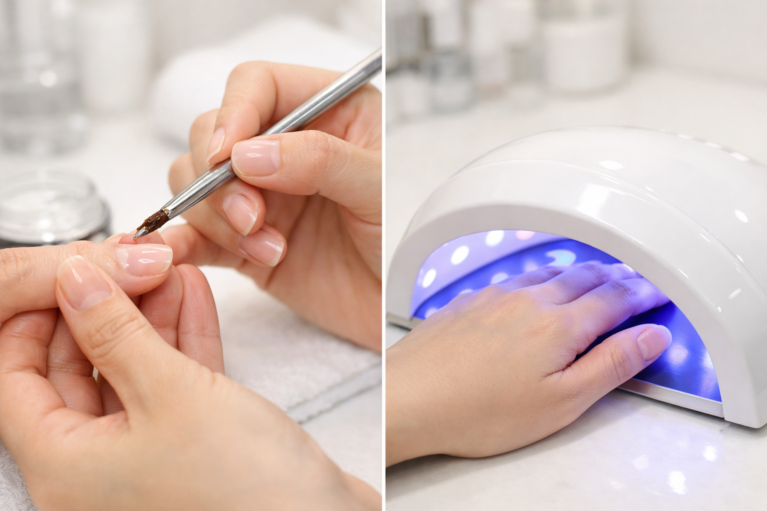 ハードジェル施術の様子、UVライトでの硬化過程を含む工程写真