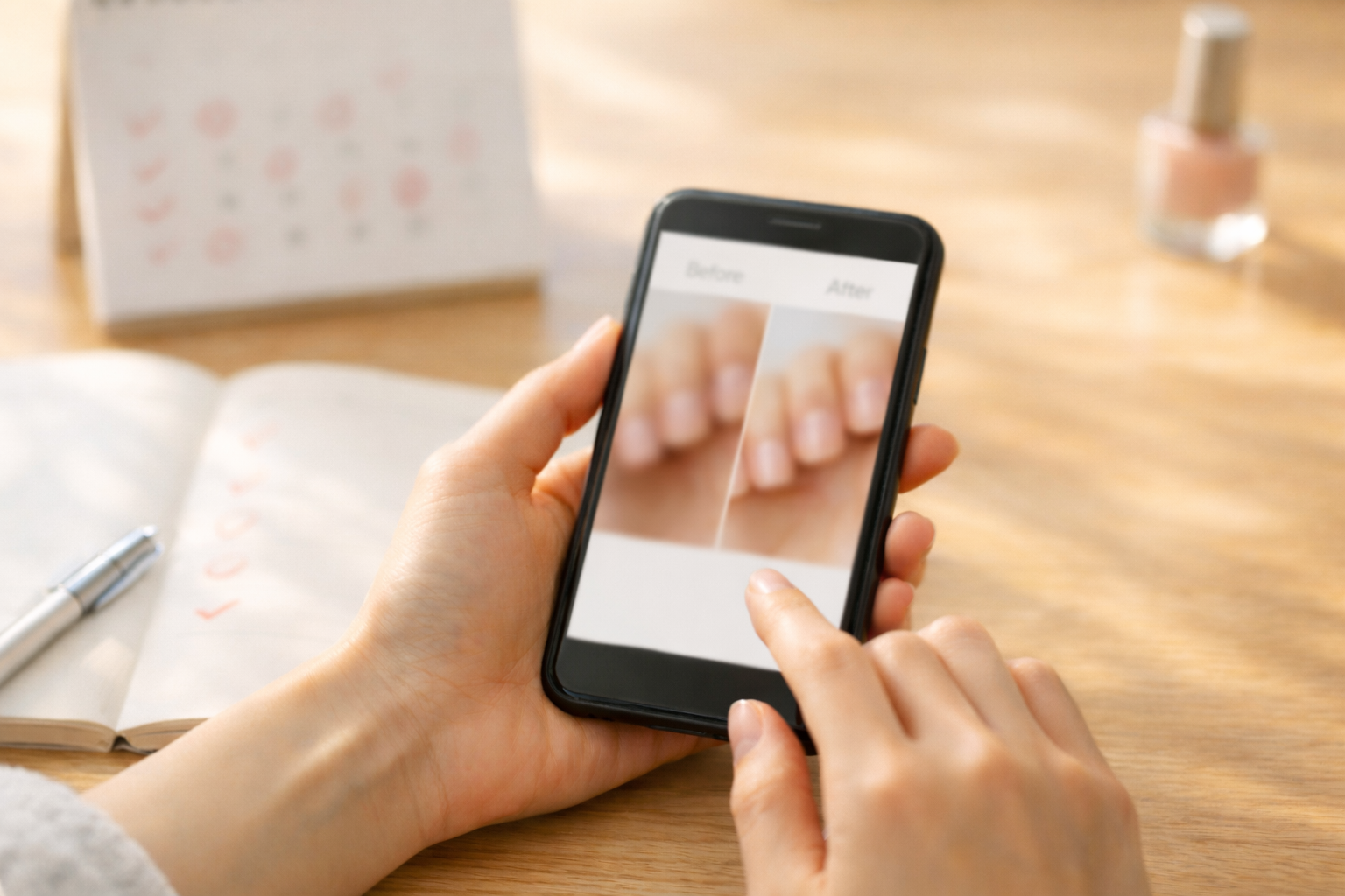 改善過程で撮影された定期的な爪の写真記録と、カレンダーに印をつけて継続管理している様子