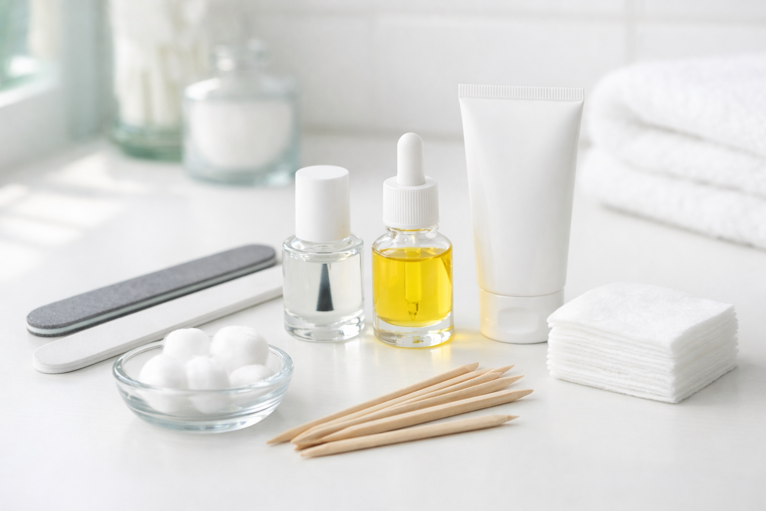 深爪矯正のセルフケアに必要な道具一式、爪やすり・ベースコート・キューティクルオイルなど