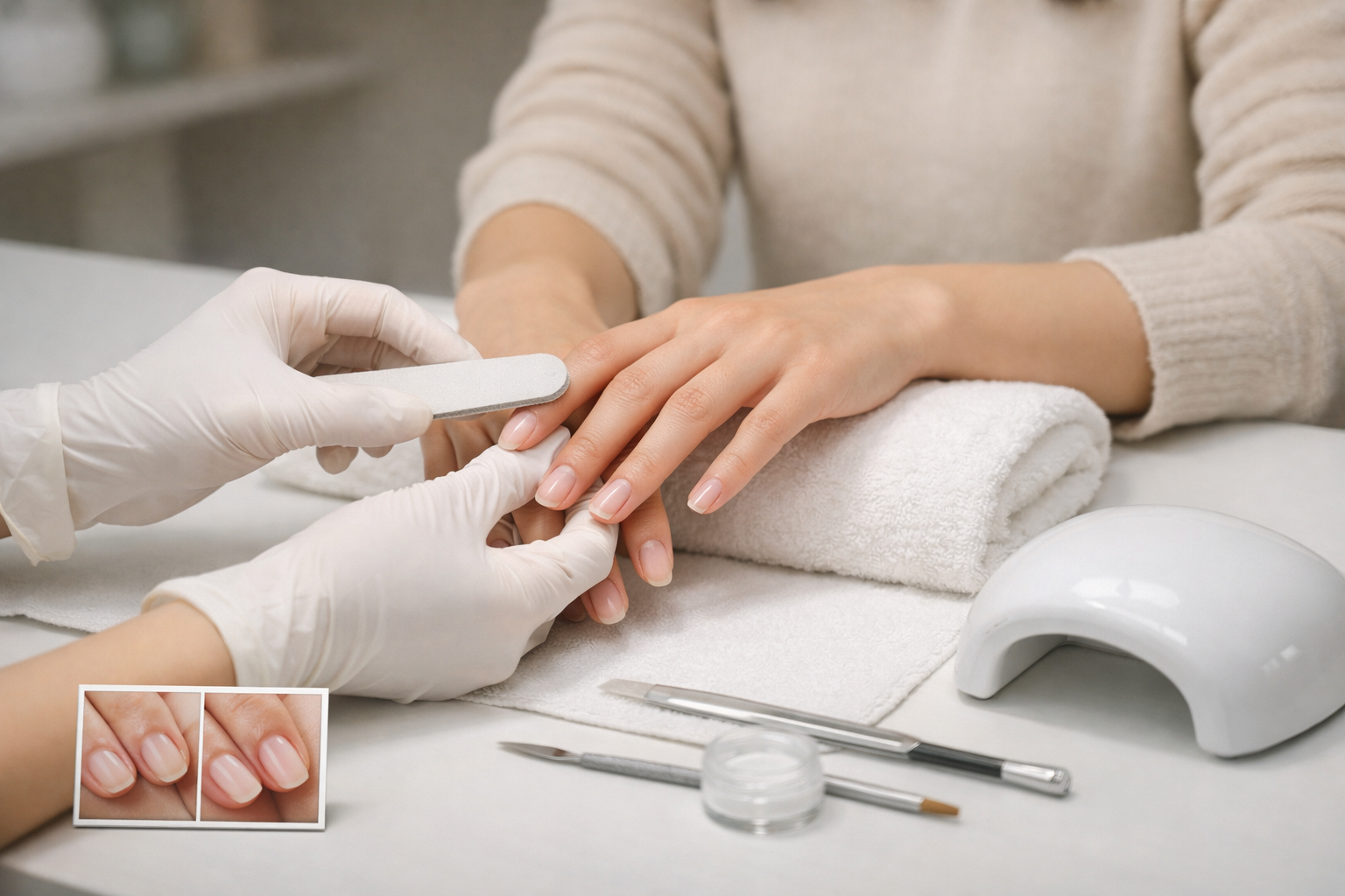 ネイルサロンでの専門施術の様子と、プロによる深爪矯正のビフォーアフター