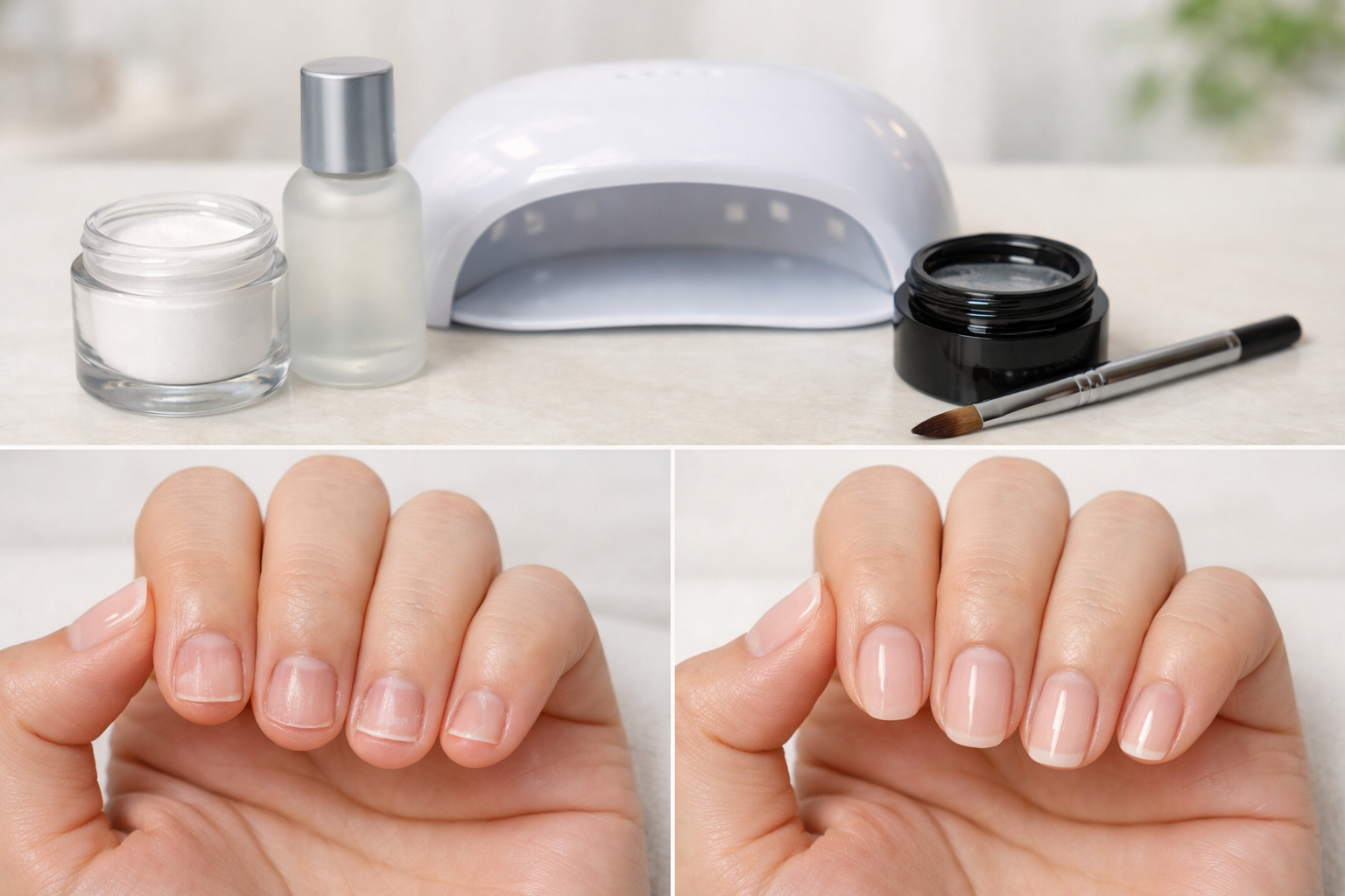 深爪矯正に使用されるアクリル素材とジェル素材の比較写真、施術前後の爪の変化