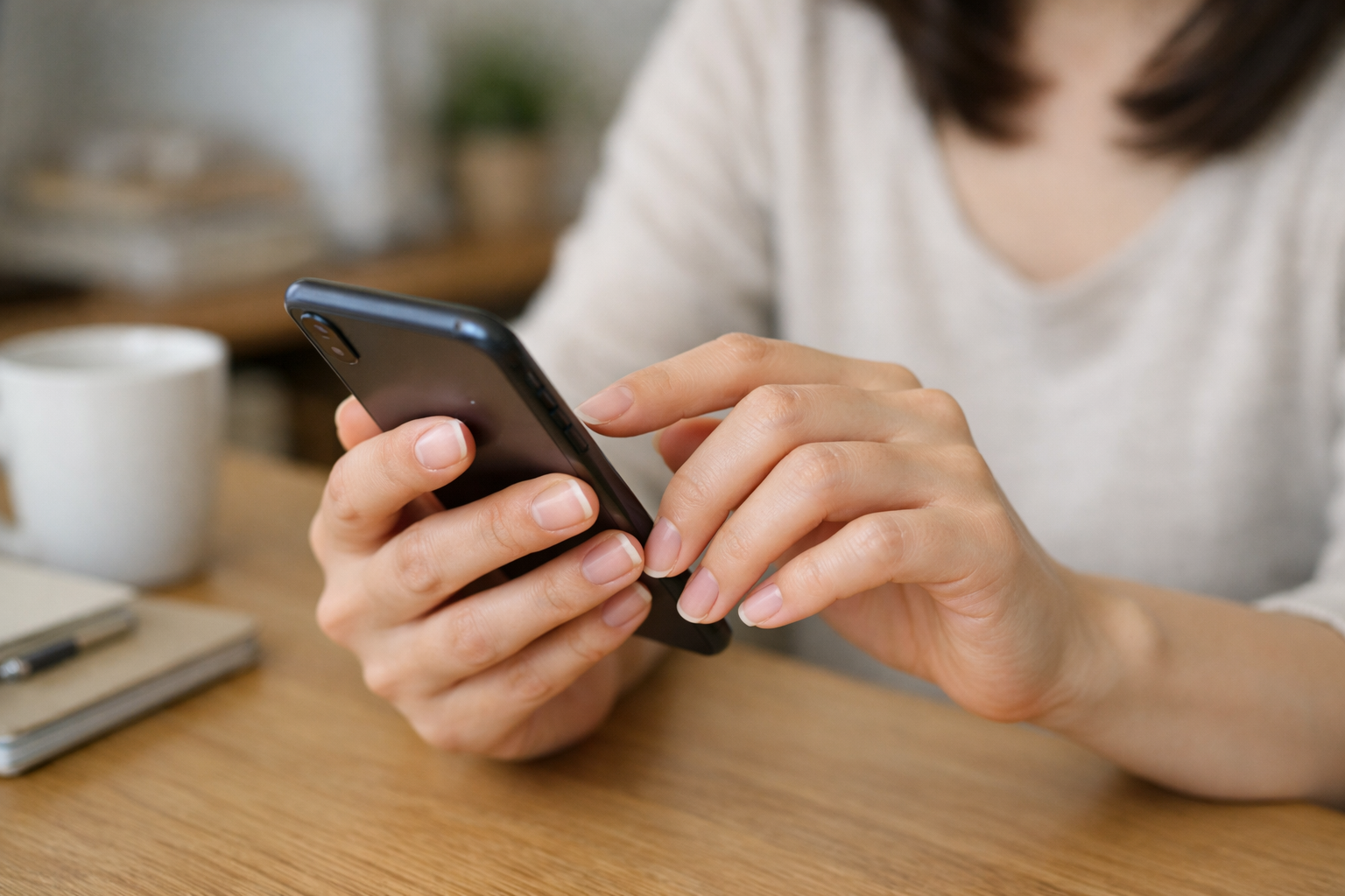 深爪矯正後の手でスマートフォンを操作している様子、指先が美しく整っている状態