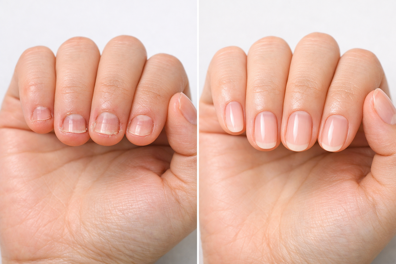 深爪矯正前後の変化を示す手元の比較写真、健康的で美しい爪に変化した状態