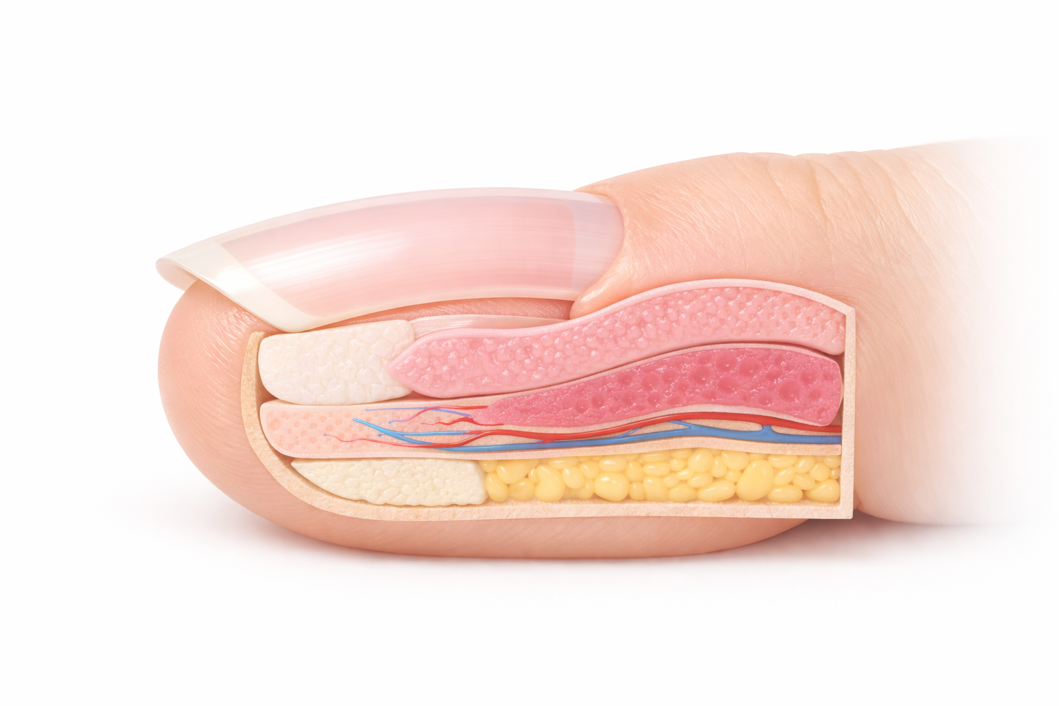 爪の解剖学的構造を示すイラスト、爪母・ネイルベッド・ハイポニキウムの位置を明示