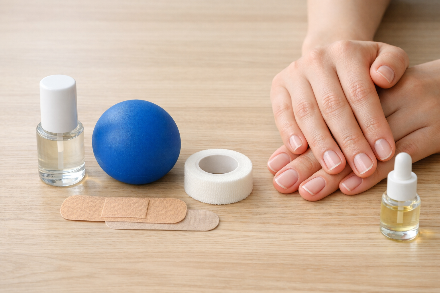 噛み癖防止グッズ（マニキュア、ストレスボール、絆創膏など）と改善された爪の比較