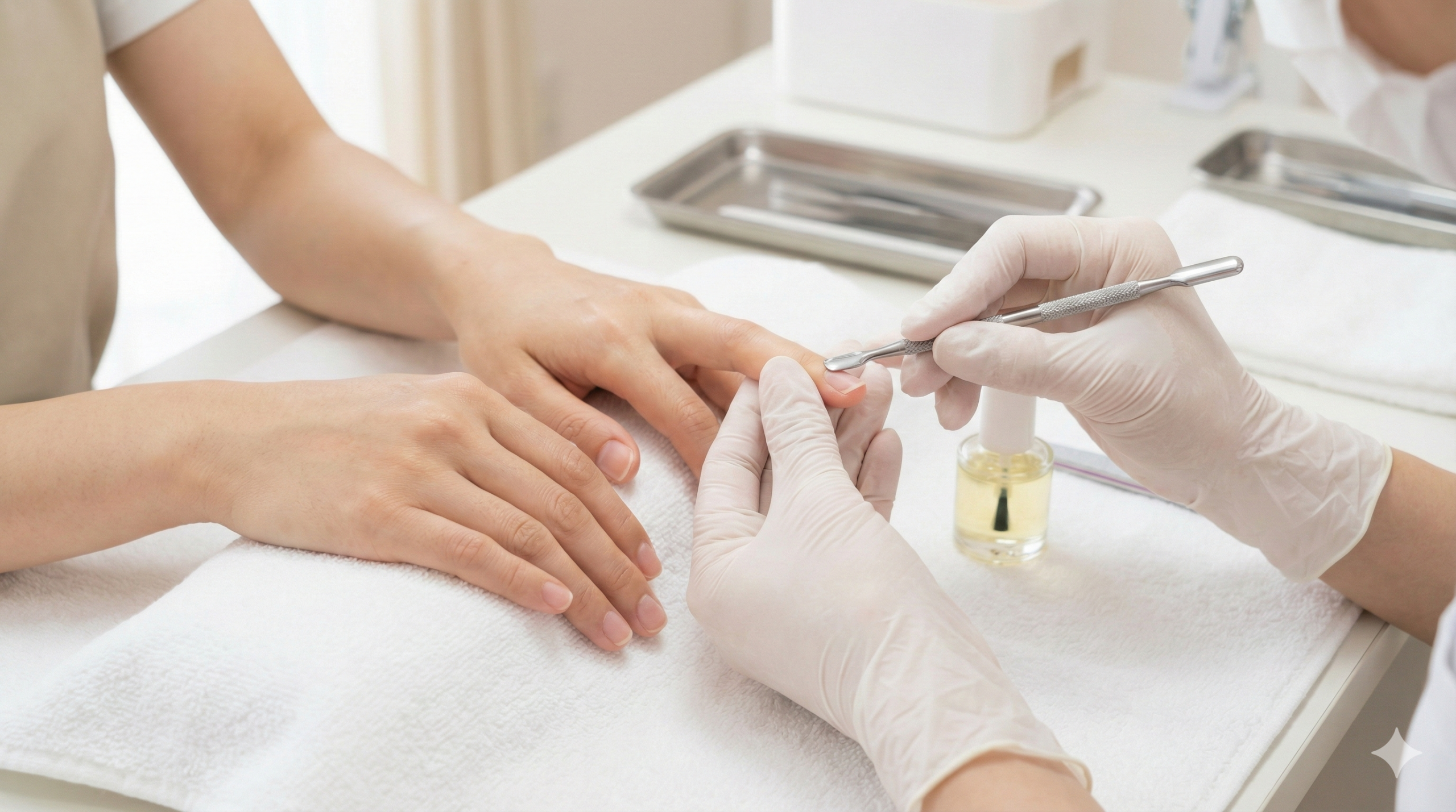 美しく矯正された深爪の状態を維持するためのメンテナンス施術を受ける女性の手元