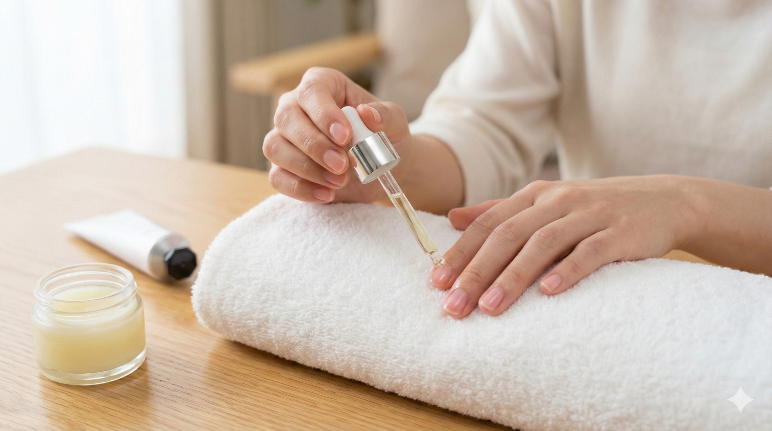 深爪矯正後の適切な日常ケア手順を実践する女性の手元のクローズアップ