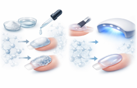 アクリルとジェル素材の分子構造と硬化プロセスの違いを示した図解