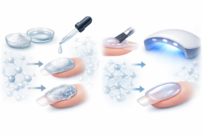 アクリルとジェル素材の分子構造と硬化プロセスの違いを示した図解