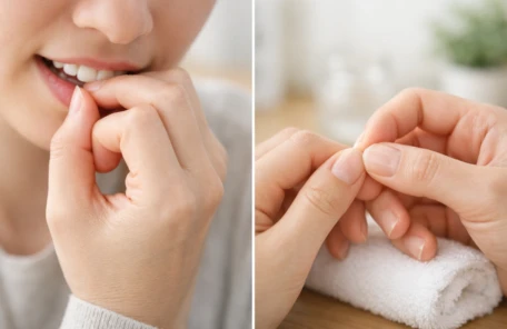 爪噛みと爪むしりの違いを示す図解。歯による咬行為と指による皮膚のいじりを対比