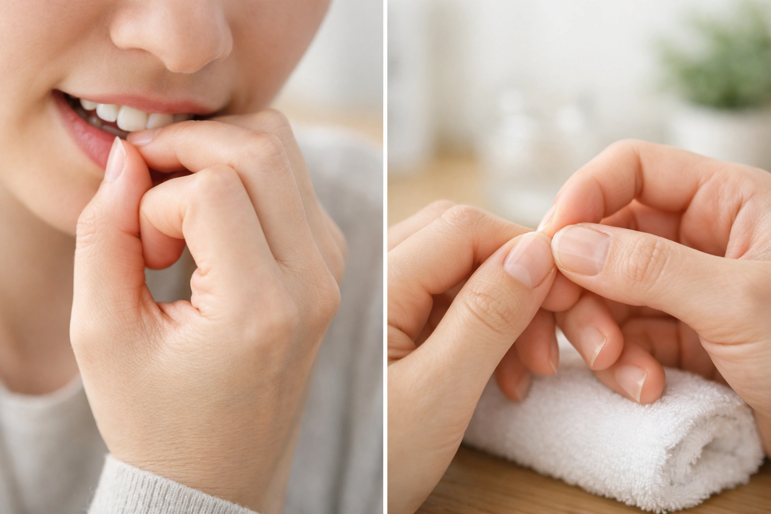 爪噛みと爪むしりの違いを示す図解。歯による咬行為と指による皮膚のいじりを対比